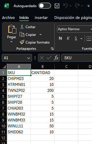 Ejemplo de cómo debe de ser el archivo de Excel.